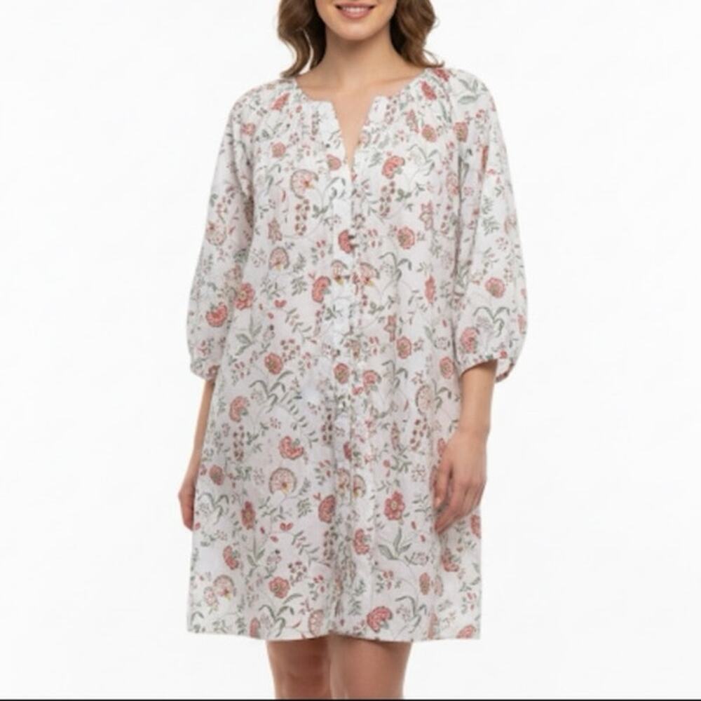 LAKE Hammock Shirt Dress Garden Vines Shirred Yoke Notch Neck 3/4 Sleeve Size M